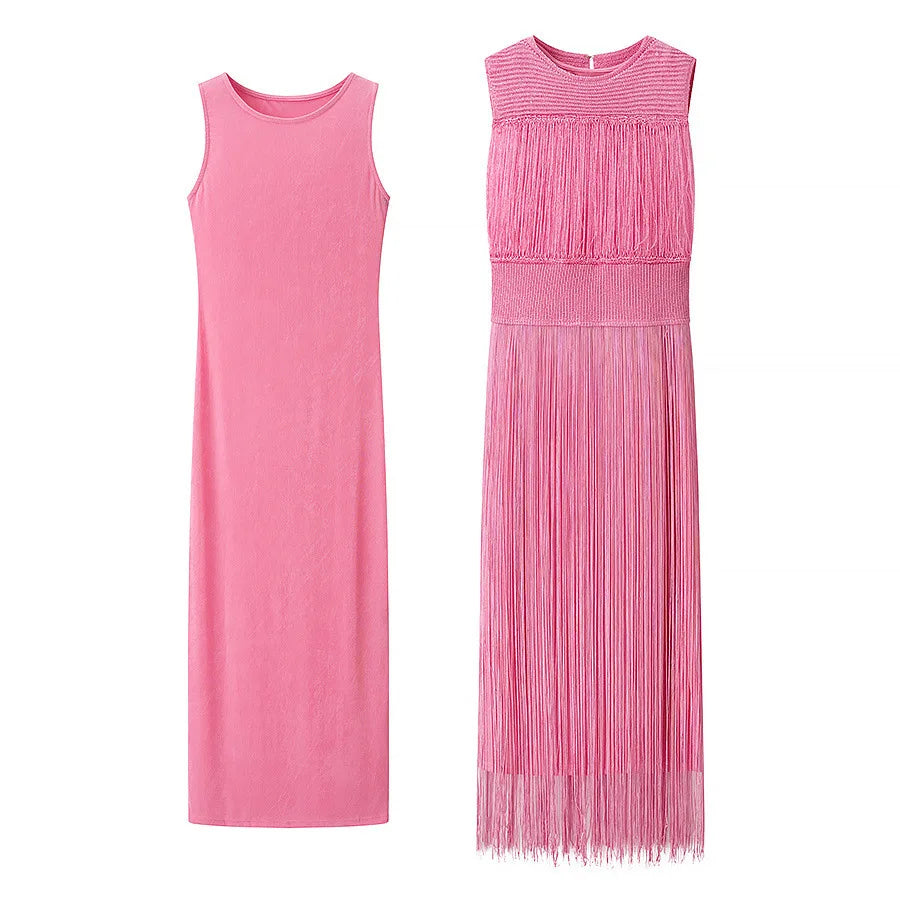 Summer Autumn Knitted Tassel Dress Two Piece Set Women Vintage Sleeveless Knitting Straight Midi Long Dresses
