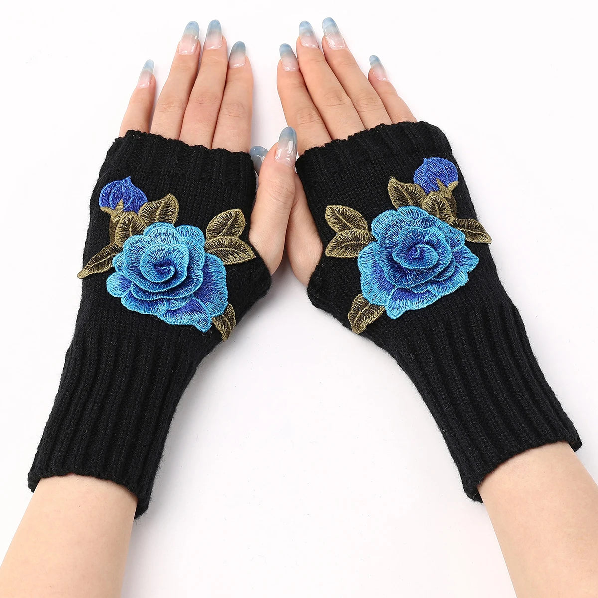 Handmade Embroidered Rose Gloves Women Fingerless Flowers Cuff Gloves Romantic Floral Mittens Hand Warmer Winter Soft Guantes