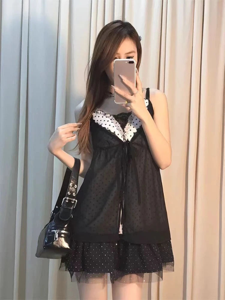 Vintage Gothic Slim Polka Dot Sling Dress Women's Summer 2025 New Lace Up Short Dresses Fashion Design Sleeveless Sweet Dress