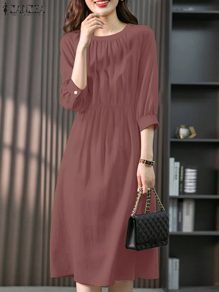 ZANZEA Elegant A-Line Dresses Woman 2025 Autumn Fashion Round Neck 3/4 Lantern Sleeve Gathered Robes Femme Commute Midi Vestidos