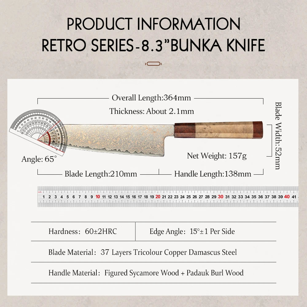 HEZHEN 8.3 inch Bunka Custom 37-Layer Tri-color Copper Damascus Steel Knife Chef Knives Meat Cleaver Kitchen Knife
