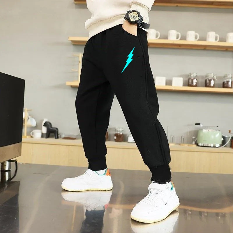 Boys Jogger Sports Pants Luminous Lightning Print Kids Cotton Long Sweatpant Cartoon Running Trousers with Pocket
