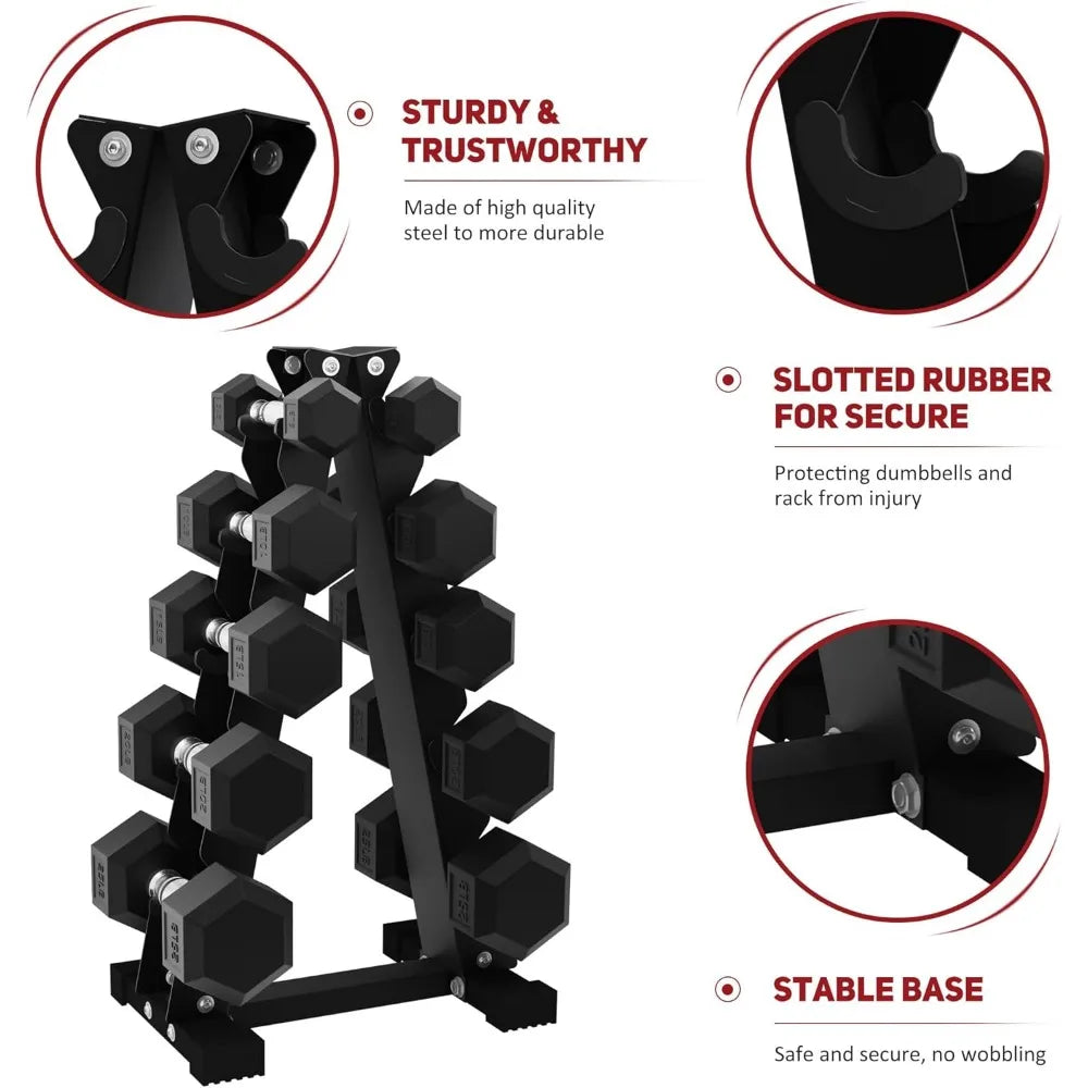Fitness Rubber Hex Dumbbell Weights Set w/ Rack, Home Gym Equipment, 100 Lbs, Black - Portable Weighted Exercise Dumbbells for