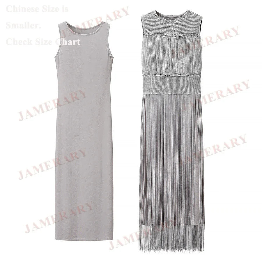 Summer Autumn Knitted Tassel Dress Two Piece Set Women Vintage Sleeveless Knitting Straight Midi Long Dresses