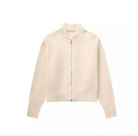 UZSC Women Vintage Knit Cardigan Casual Full Sleeve Zipper O Neck Pleated Solid Lady Sweater 2025 Autumn Fashion Female Knitwear