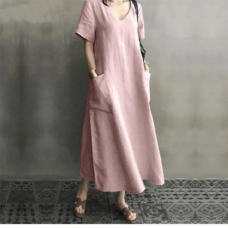 Cotton and linen V-neck women dress loose plus size short-sleeved long dress artistic national style retro women's clothing