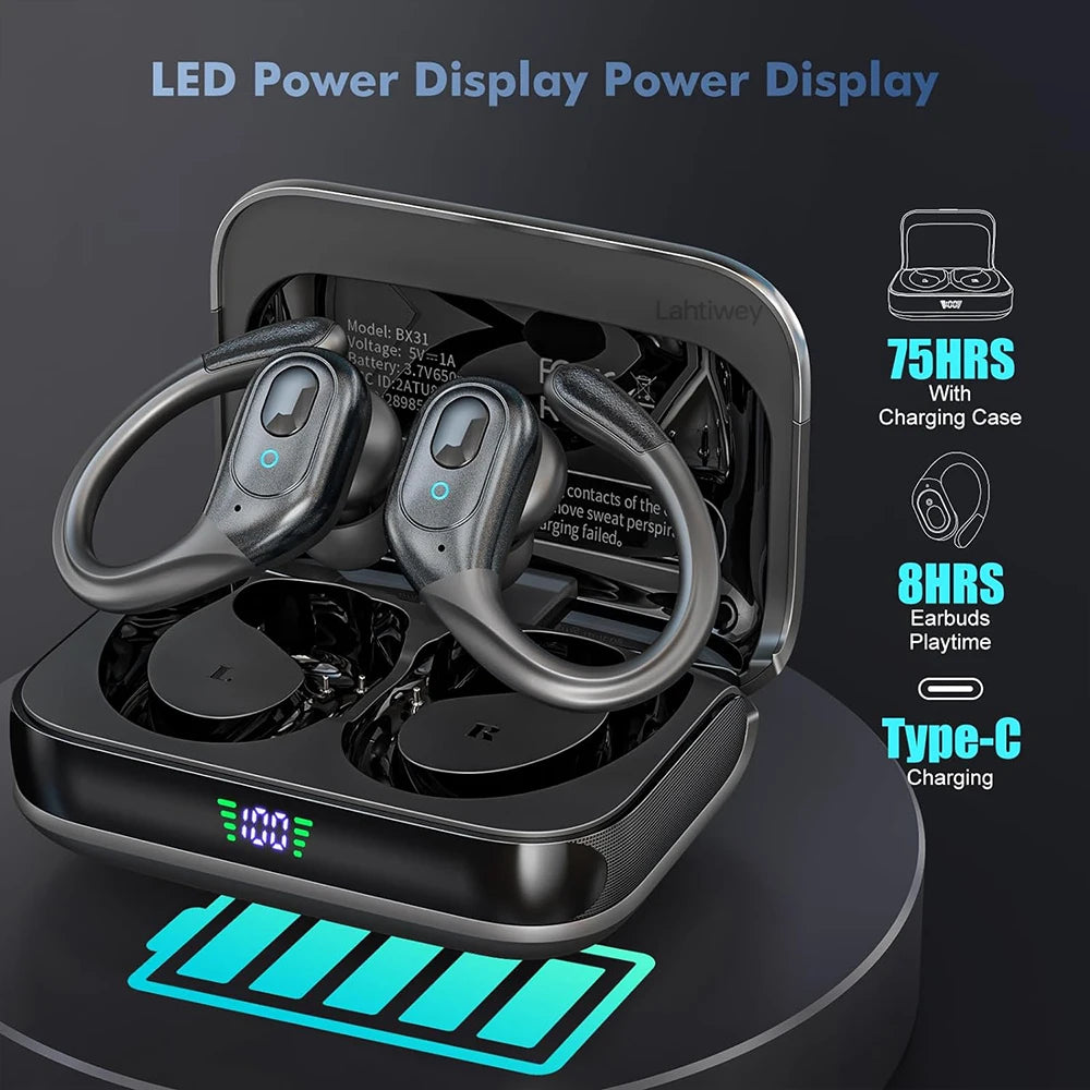 Wireless Headphones Bluetooth Earphonses with Microphones,75Hrs Playtime,IP7 Waterproof,LED Power Display Earbuds for Sports Gym