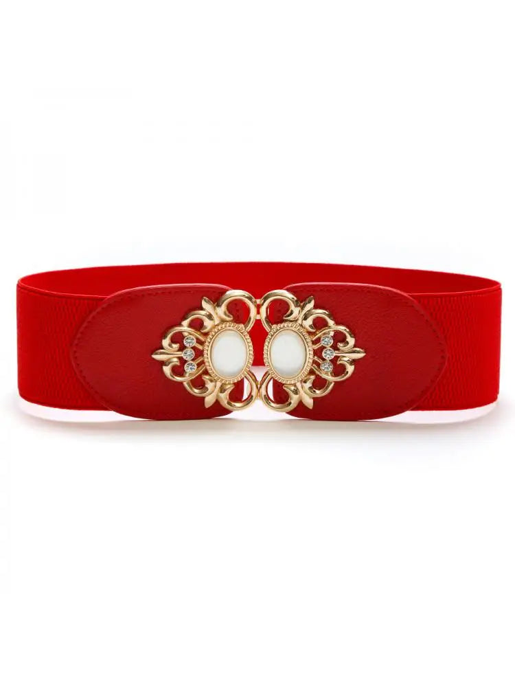 70-90cm Golden Yellow Button Women Red Belt All match Waist Seal Decorative Dress Rhinestone Cross border Elastic Buckle Black