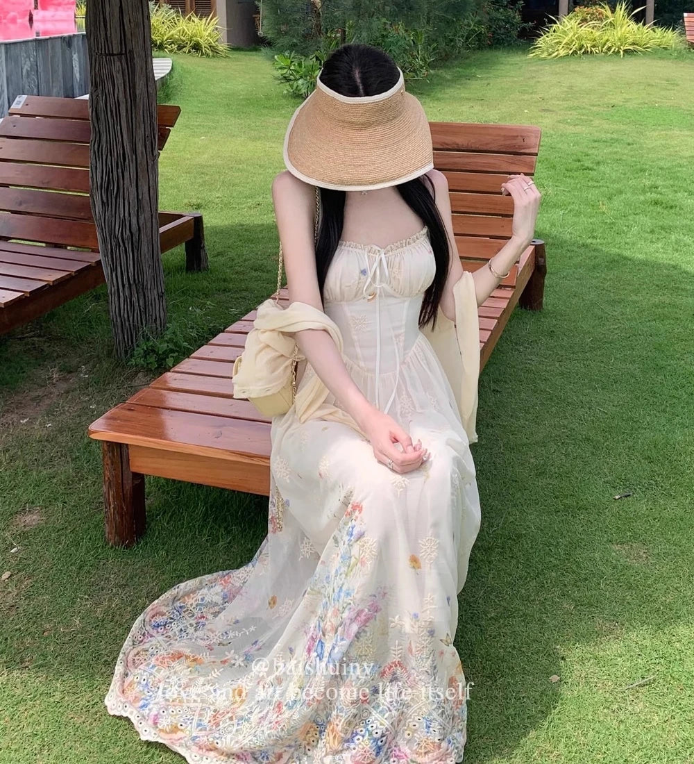 Floral Print Slimming Summer French Long Dress Strapless Gown Vacation New Style Heavy Embellished Waist Cinched Floral Dress