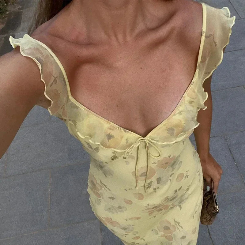Retro V Neck Dresses Yellow Sleeveless Flower Print Maxi Long Dress Elegant High Waist Female Holiday Party Vestidos