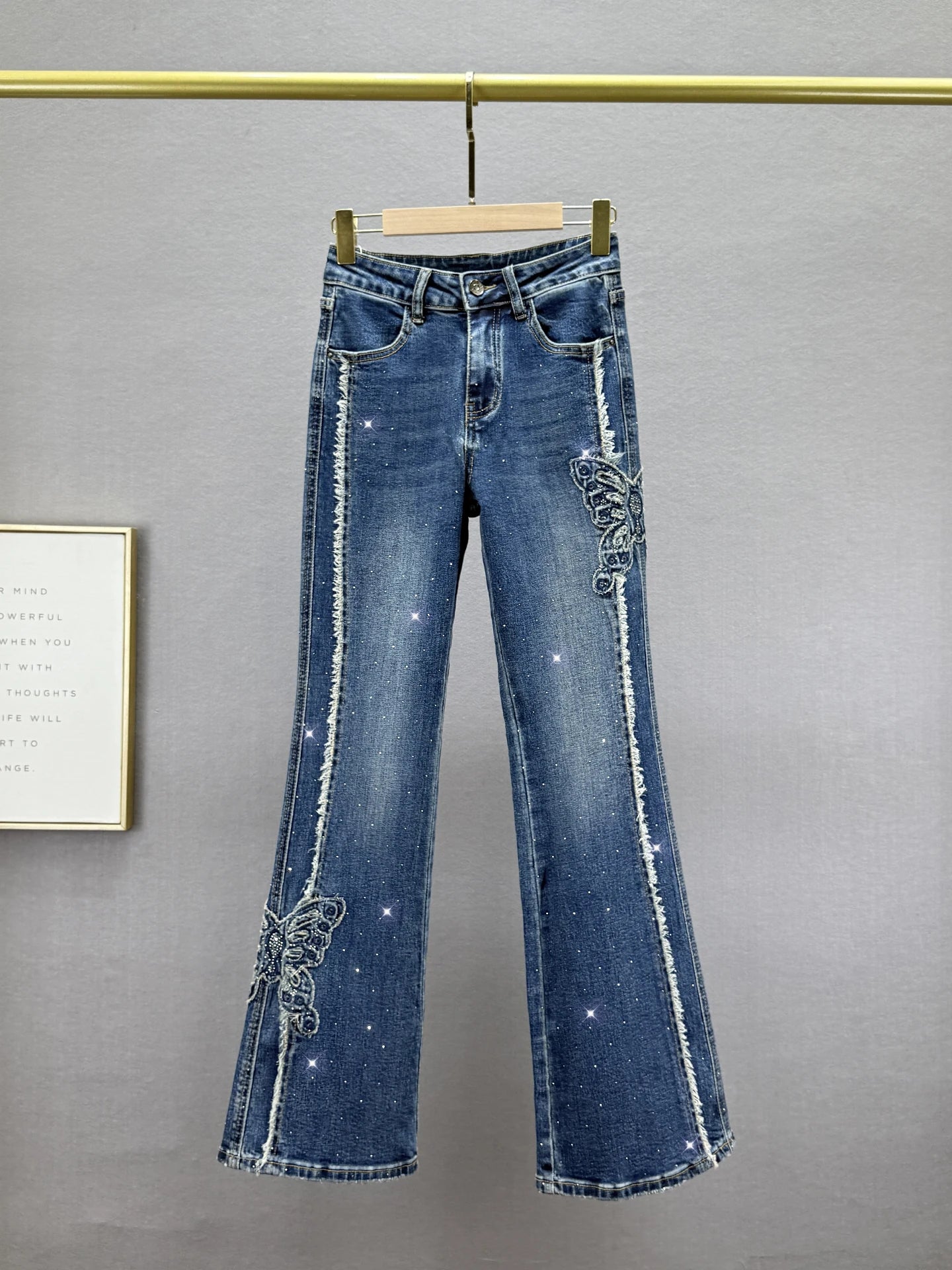 Skinny Flared Jeans for Women, 2025 Autumn New Elastic High Waist Slim Fit European Style Rhinestone Frayed Hem Extended Pants