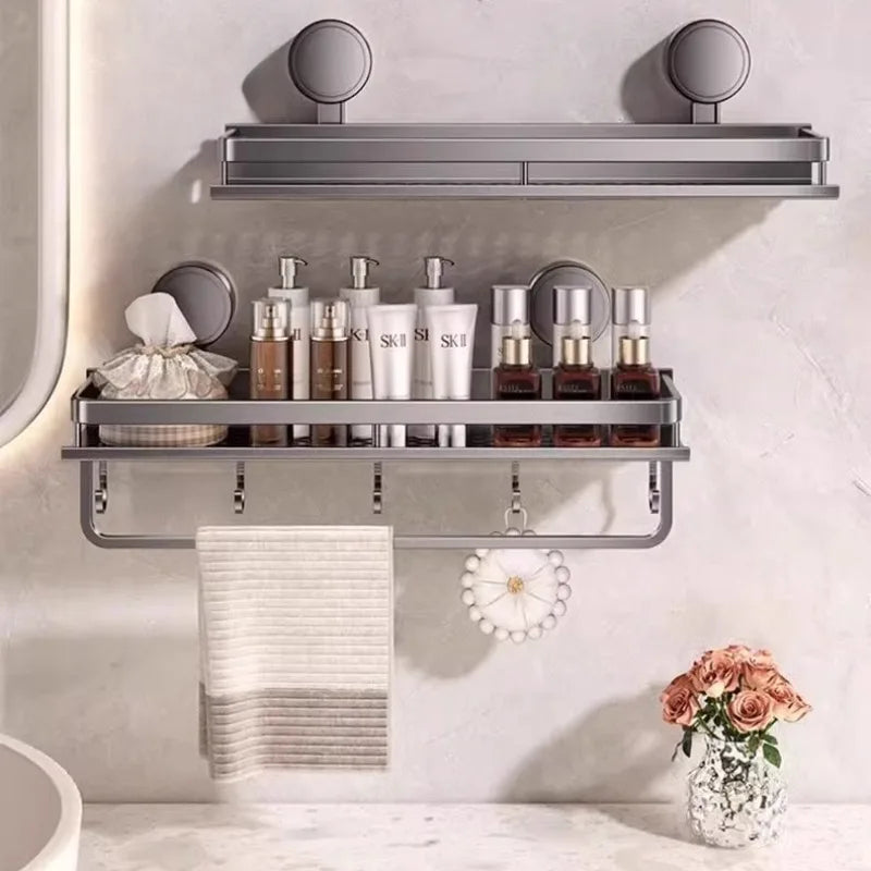 Kitchen Storage Rack Vacuum Suction Cup Rust-proof Wall-mounted Shower Rack with Drain Hole and Towel Hook Bathroom Storage Rack