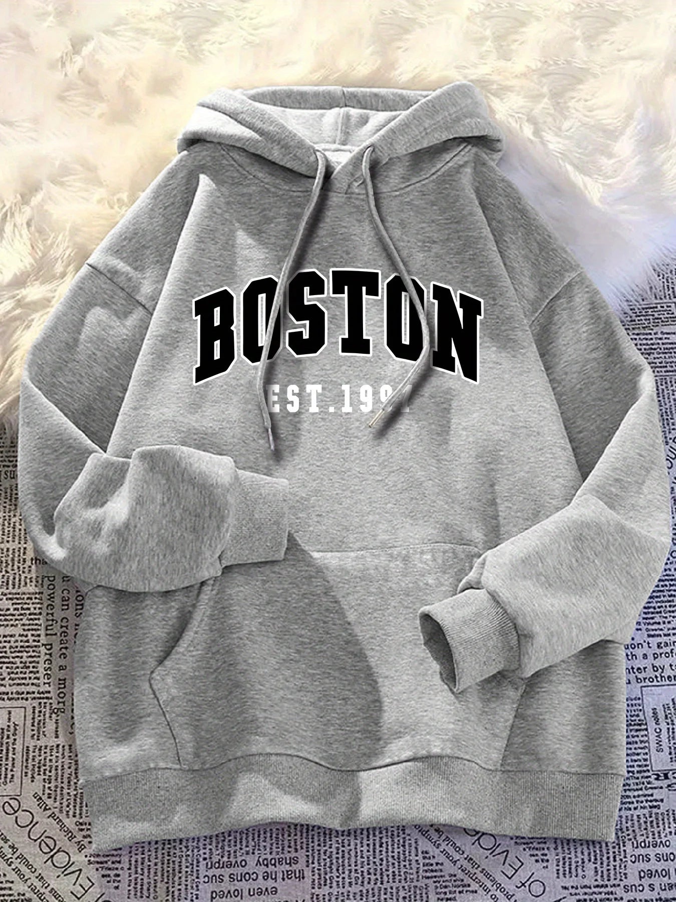 Men's autumn and winter casual fashion loose plus size Boston 1997 print fleece warm long sleeved hooded sweatshirt pullover