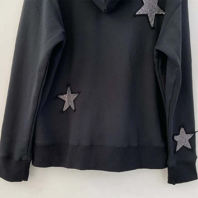 Black Zip Hooded Sweatshirt Stars Patch Embroidery Diamond Hoodies Women Long Sleeve Tops Zadig Female Hoodie Cotton Hooded