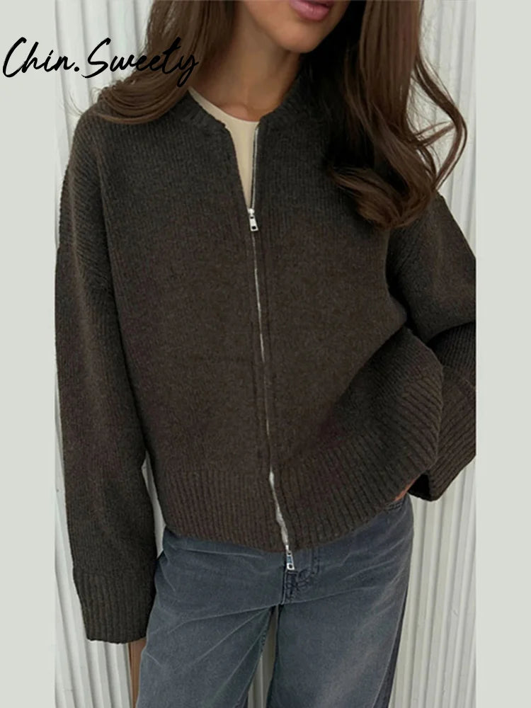 UZSC Women Vintage Knit Cardigan Casual Full Sleeve Zipper O Neck Pleated Solid Lady Sweater 2025 Autumn Fashion Female Knitwear