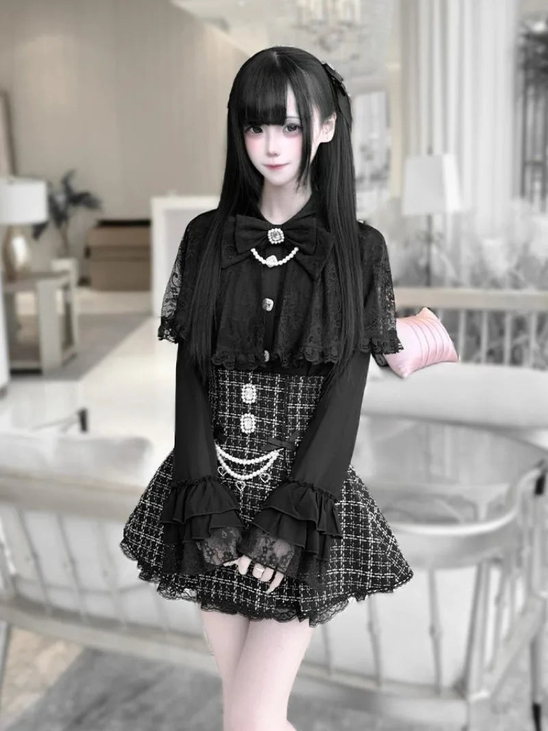 Kawaii Girl Pearl Bow Lace Cloak Shirt+High Waist Skirt Sets Japanese Girl Dresses Y2k Two Piece Sets Womens Outifits Autumn New