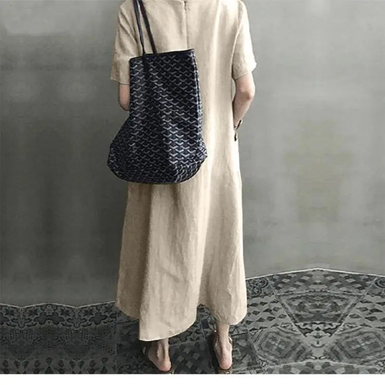 Cotton and linen V-neck women dress loose plus size short-sleeved long dress artistic national style retro women's clothing