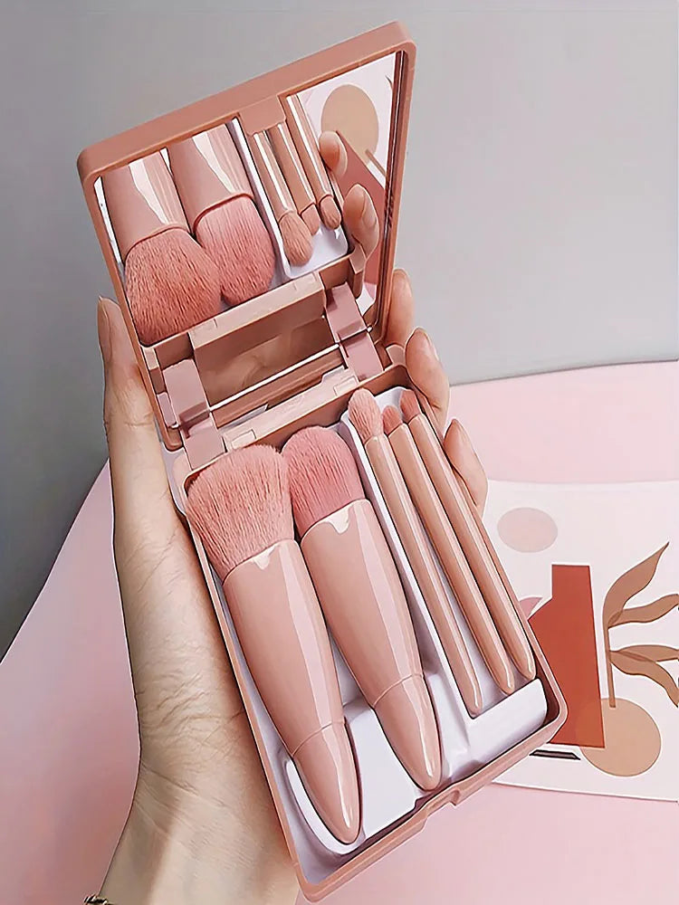✈️ 5pcs Portable Makeup Brush Set with Mirror | Foldable Travel Kit ✨
