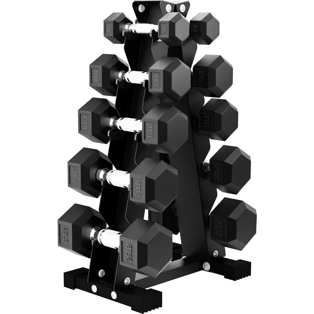 Fitness Rubber Hex Dumbbell Weights Set w/ Rack, Home Gym Equipment, 100 Lbs, Black - Portable Weighted Exercise Dumbbells for
