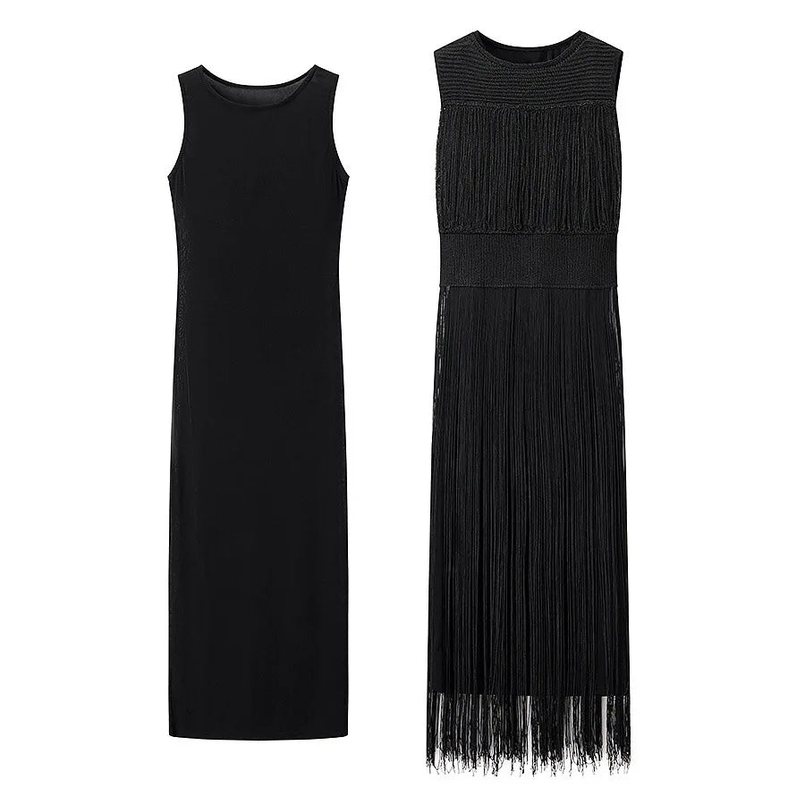 Summer Autumn Knitted Tassel Dress Two Piece Set Women Vintage Sleeveless Knitting Straight Midi Long Dresses