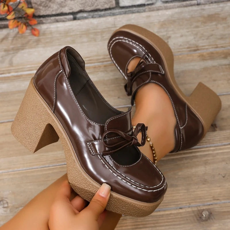 Spring and Autumn New Mary Jane Platform Shoes Round Toe Shallow Mouth Hollow Bow Slip-on Fashion High Heels