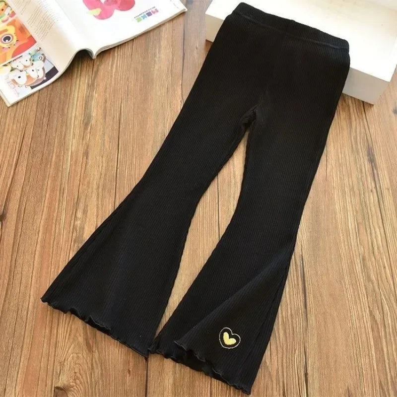 Kids Girls Flare Legging 2025 New Arrival Children Casual Elastic Pants Heart Embroidery Slim Fit Leggins Baby Girl Summer Pants