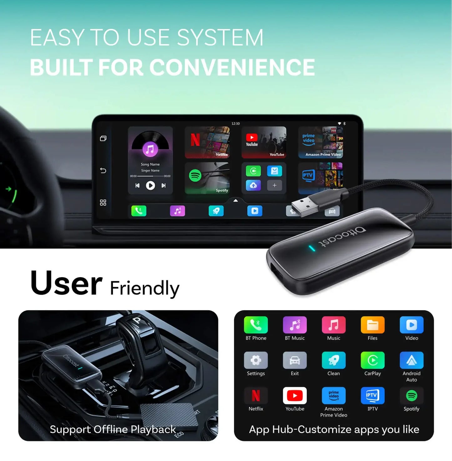 OTTOCAST Play2Video Ultra Wireless CarPlay Android Auto Adapter for Youtube for Netflix Video Box Car Accessories