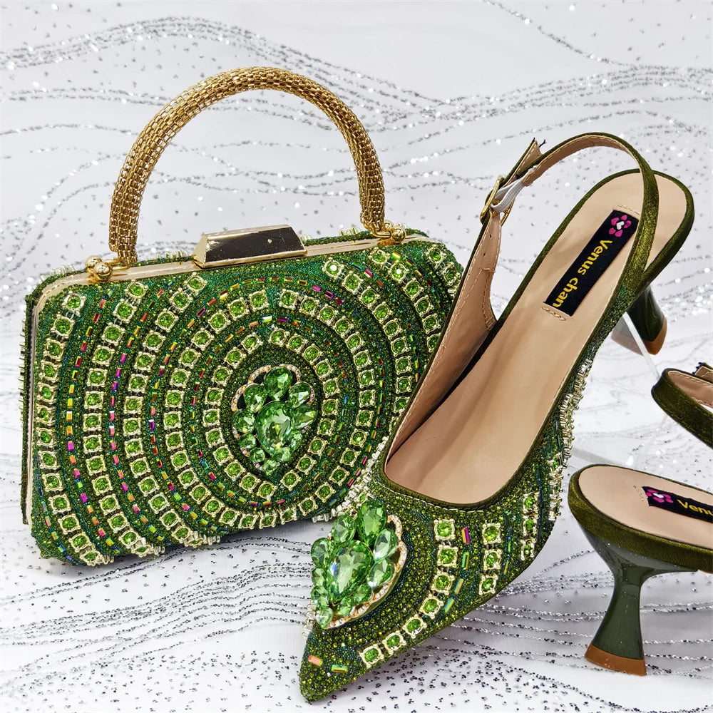 Venus Chan 2025 Elegant Rhinestone Pointed Toe Pumps With Matching Bag Set Large Size shoes Big Bag for Women's Party High Heels