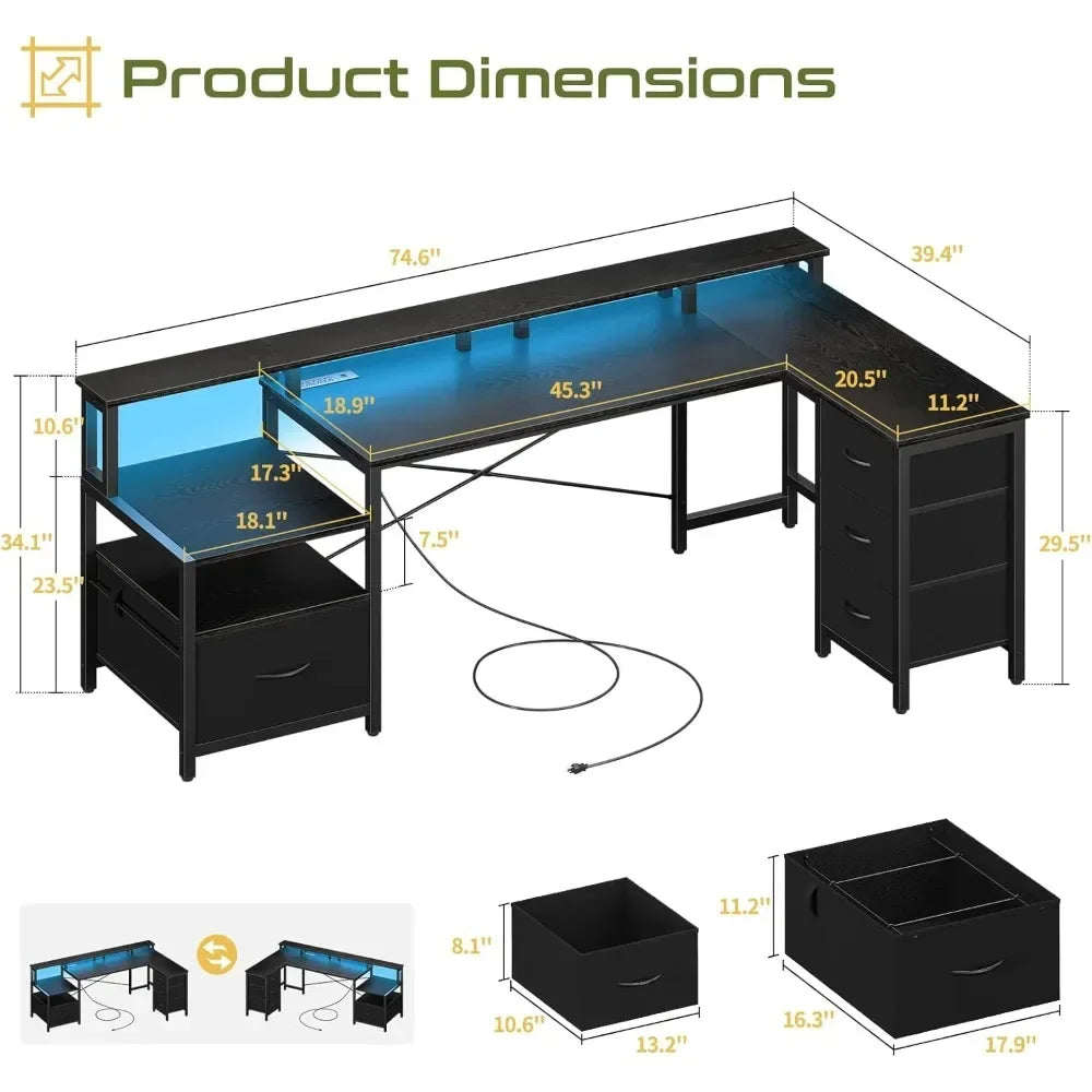 ✨ ProGamer L-Desk – LED Lights, Outlets & Storage Drawers for Ultimate Setup ✨