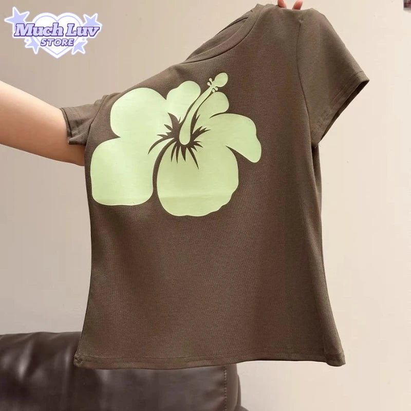 Vintage Flower Printed T-shirt Women's Clothing Summer Fashion Casual Comfy Short Sleeve Top Streetwear Hot Girl Slim Fit Tee