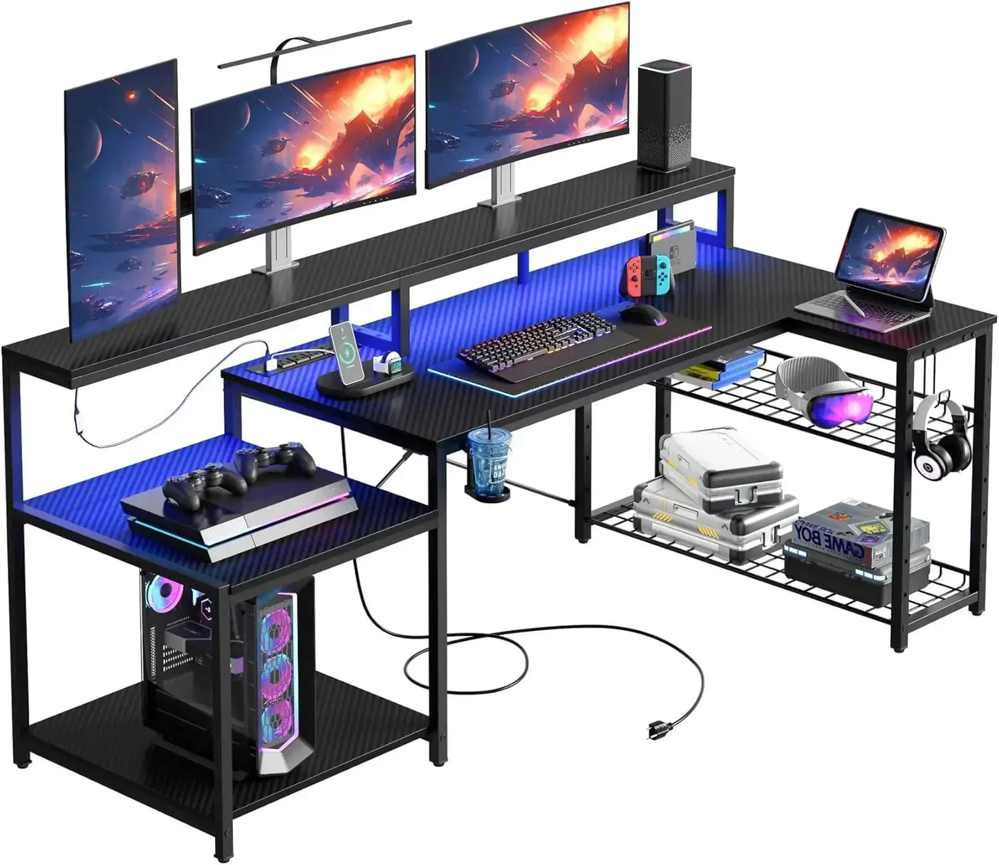 ✨ PowerPlay L-Shaped Gaming Desk – LED Lights, Monitor Stand & Cup Holder ✨