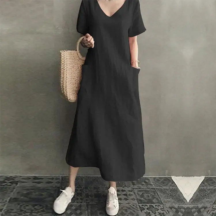 Cotton and linen V-neck women dress loose plus size short-sleeved long dress artistic national style retro women's clothing
