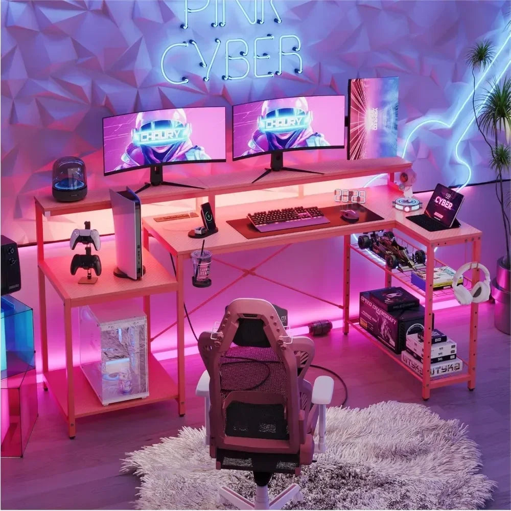 ✨ PowerPlay L-Shaped Gaming Desk – LED Lights, Monitor Stand & Cup Holder ✨