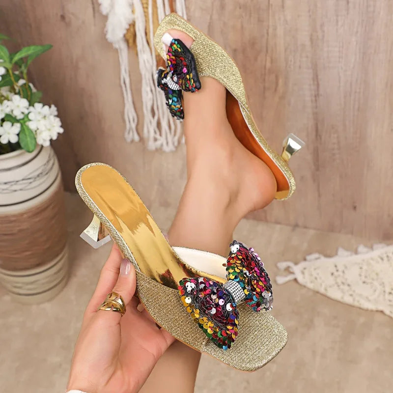 Sequin Bow Flip-Flops Women's Fashion Square Toe Open Toe Non-Slip Wear-Resistant High Heels