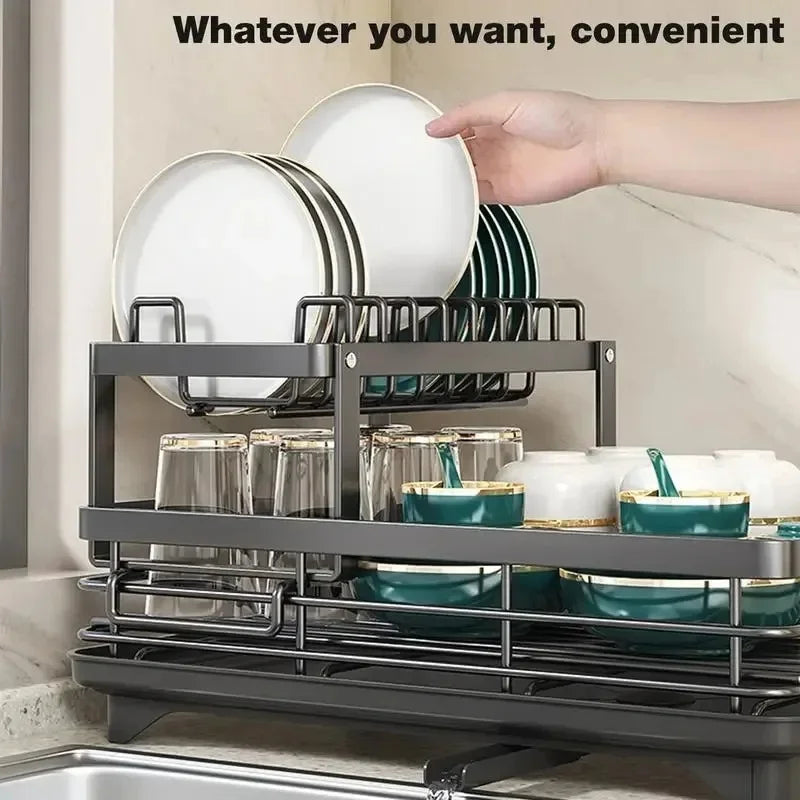 Adjustable Dish Drying Rack & Drainboard Organizer for Kitchen Plates, Over Sink Countertop, Cutlery Storage with Drain Rac