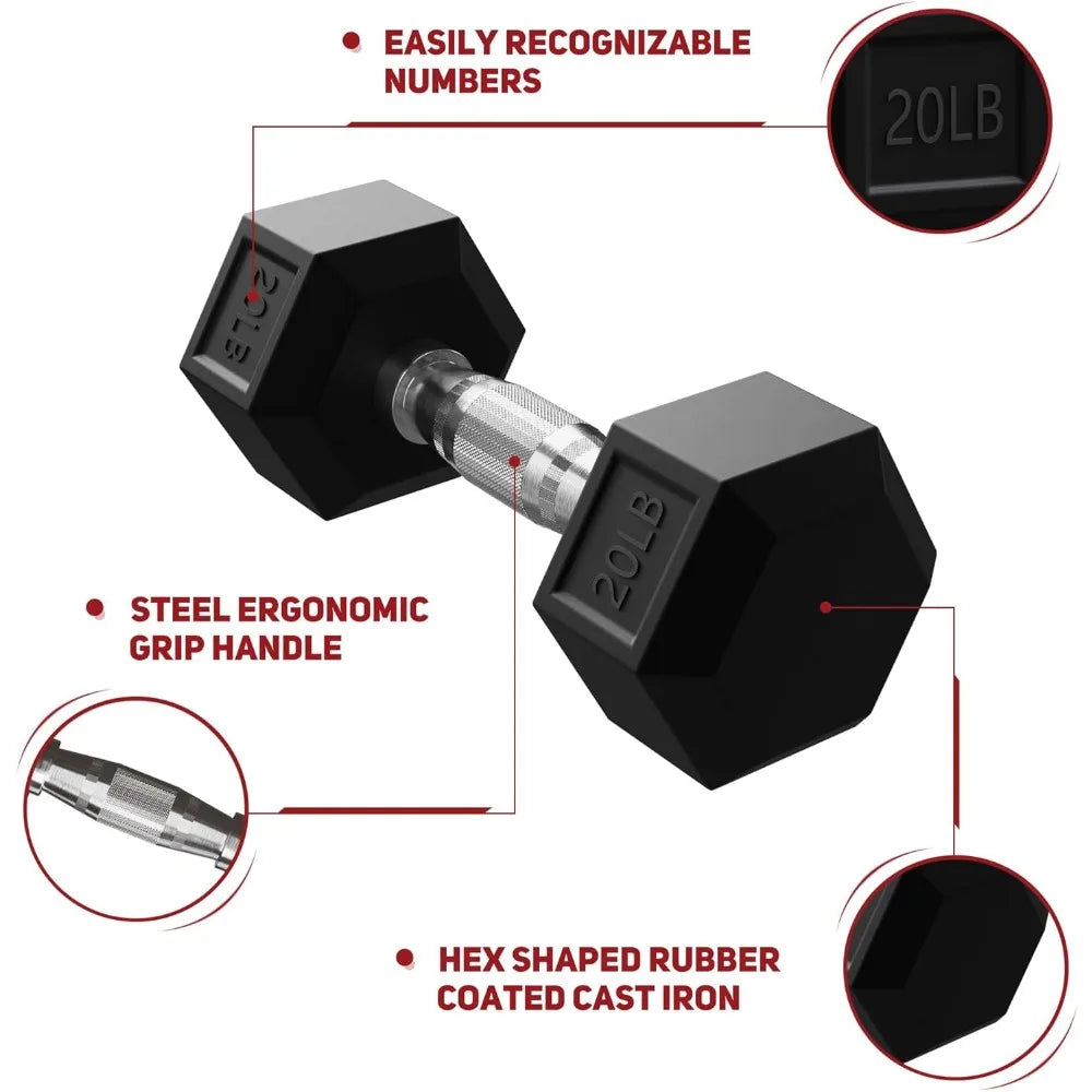 Fitness Rubber Hex Dumbbell Weights Set w/ Rack, Home Gym Equipment, 100 Lbs, Black - Portable Weighted Exercise Dumbbells for
