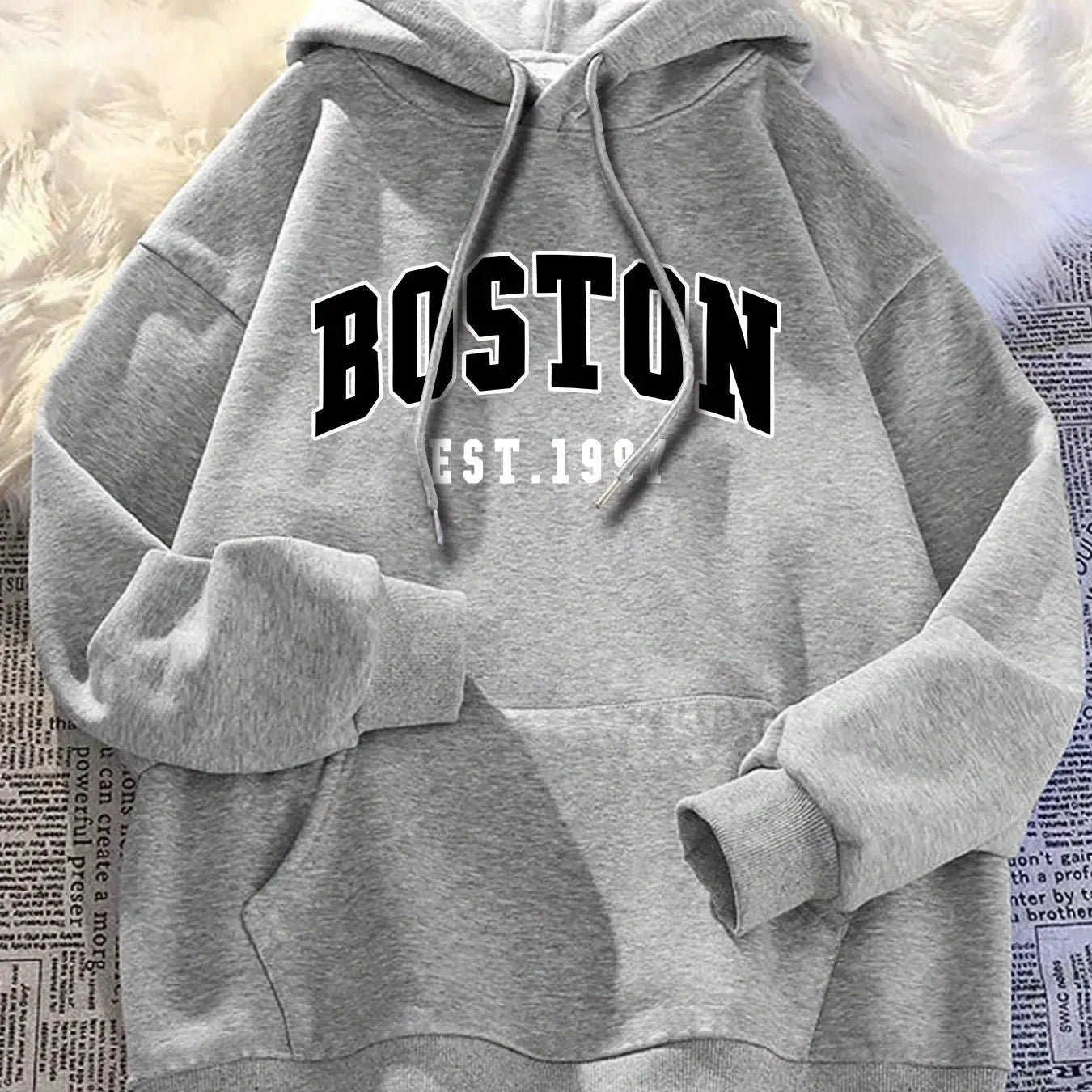 Men's autumn and winter casual fashion loose plus size Boston 1997 print fleece warm long sleeved hooded sweatshirt pullover