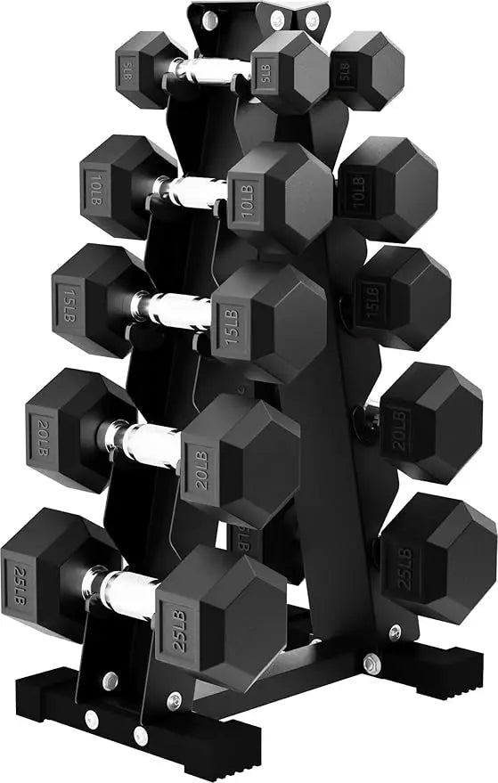 Fitness Rubber Hex Dumbbell Weights Set w/ Rack, Home Gym Equipment, 100 Lbs, Black - Portable Weighted Exercise Dumbbells for