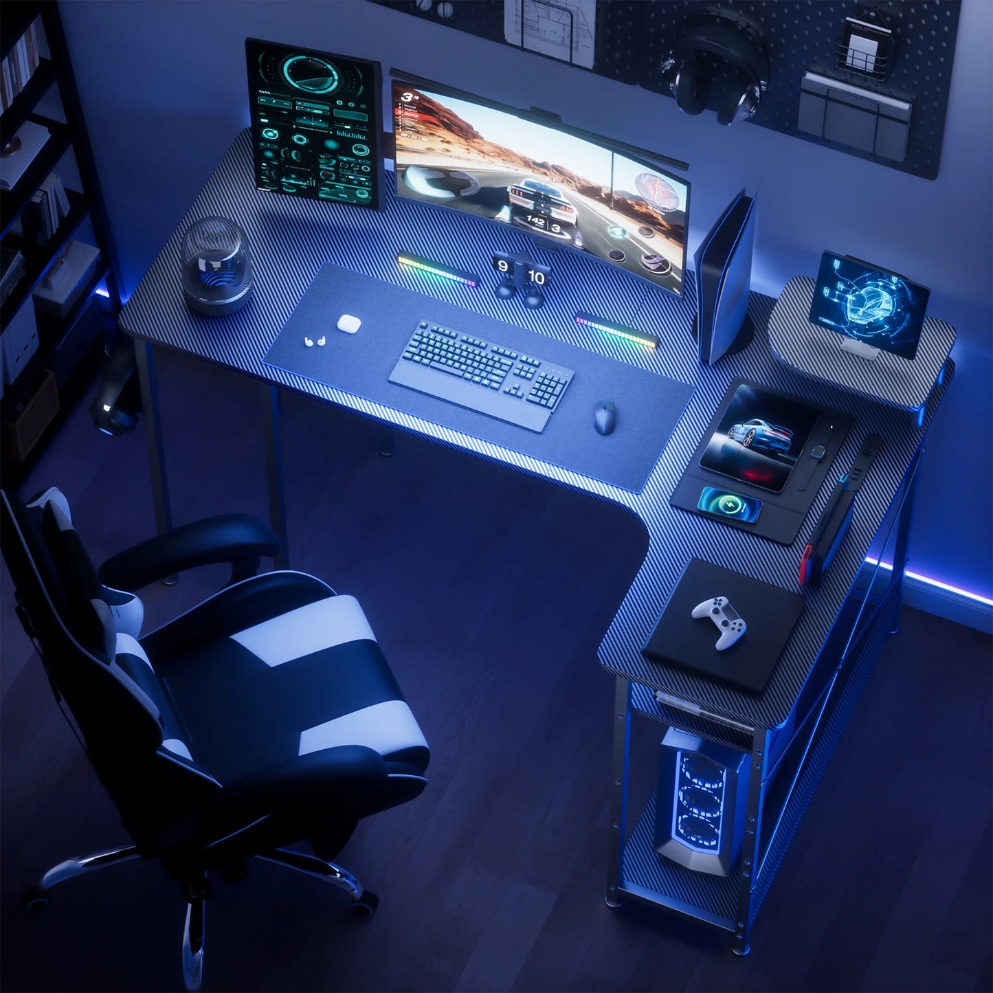L-Shape Gaming Desk with Drawers, Carbon Fiber Computer Desk with Monitor Arm, Gaming Desk for Home Office Desks