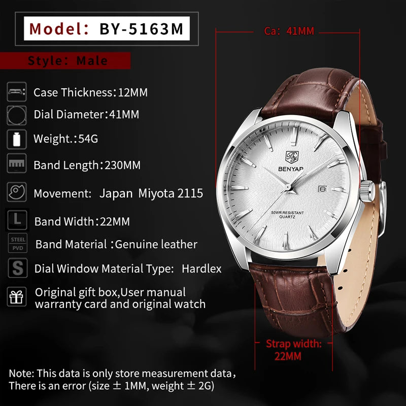 BENYAR Fashion Mens Watches Top Brand Luxury Military Quartz Watch Leather Waterproof Sport Watch Men Clocks reloj hombre 2023