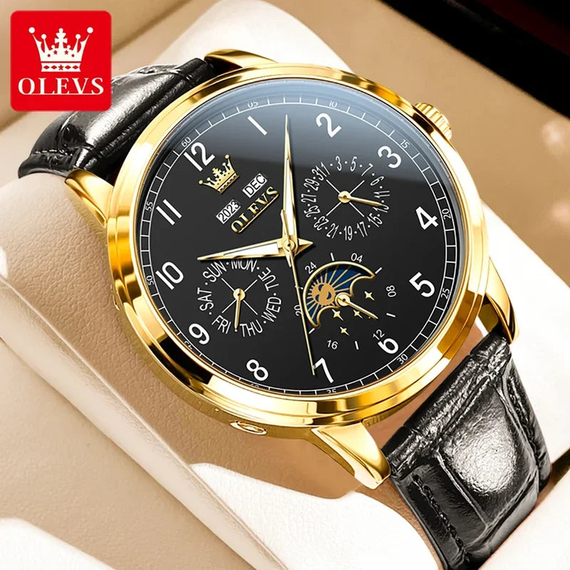 Olevs 6698 automatic watch luxury leather strap calendar waterproof luminous moon phase mechanical watch men
