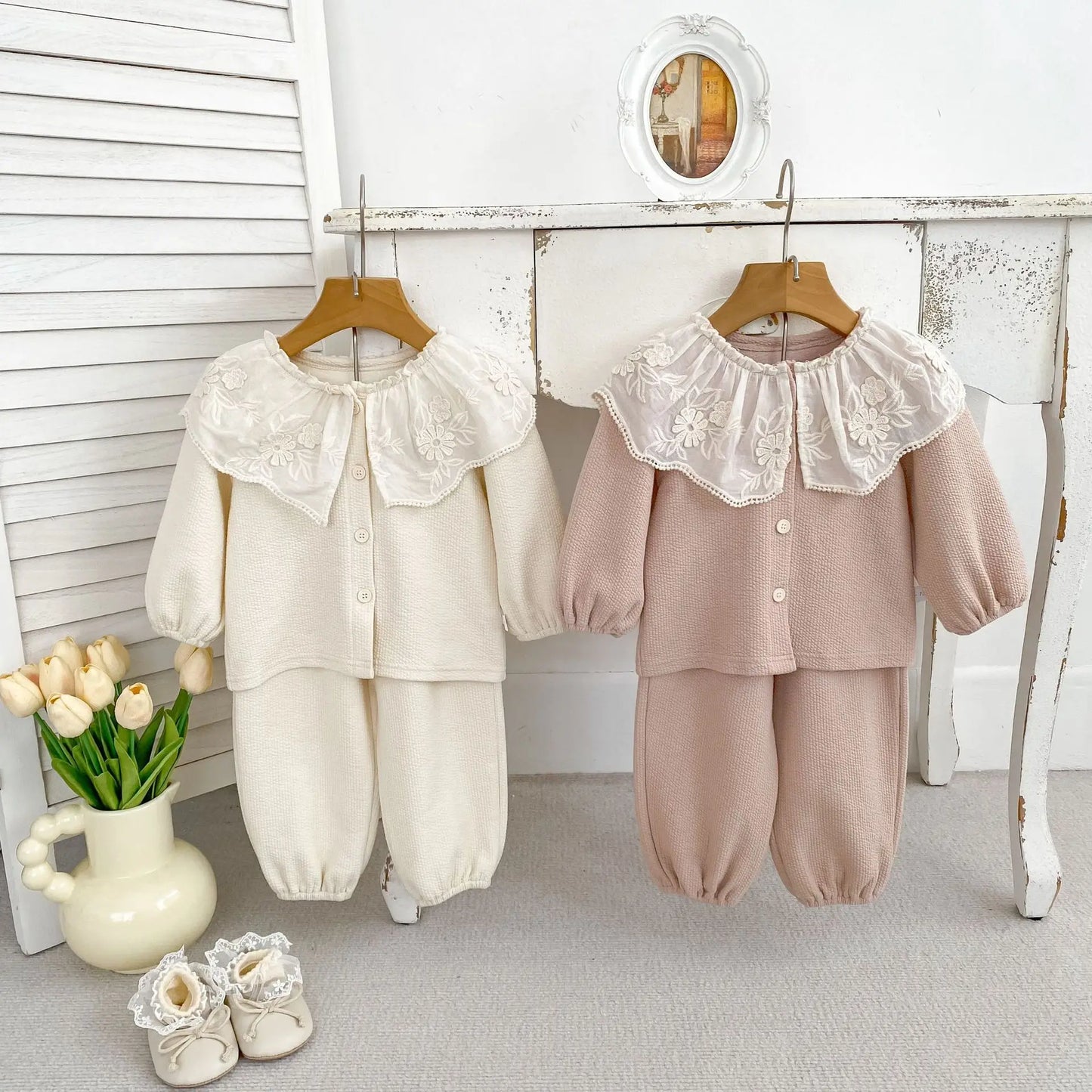 Baby Clothing Set 2025 Autumn Spring New Girls' Long Sleeve Suit Cotton Lace Collar Cardigan +Pant Two-piece Suit