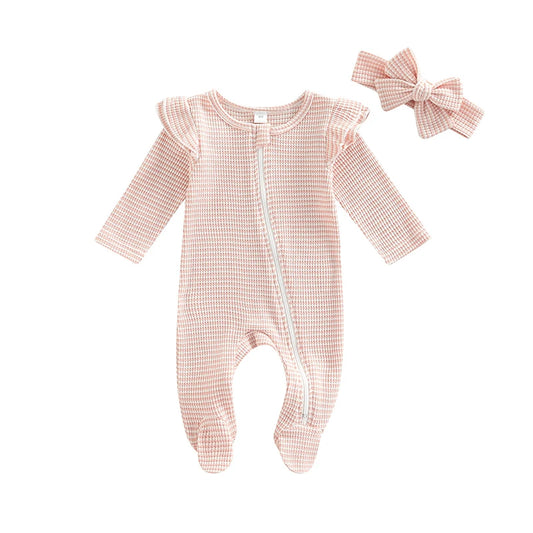 Baby Girls Romper Suit Long Sleeve Zipper Ruffle Patchwork Casual Party Street Spring Romper Headband