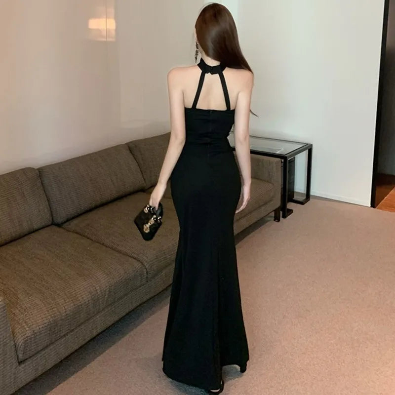 French Socialite Chic Black Strapless Halter Neck Evening Dress Women Elegant Lace Sexy Backless Bodycon Slit Formal Dress New