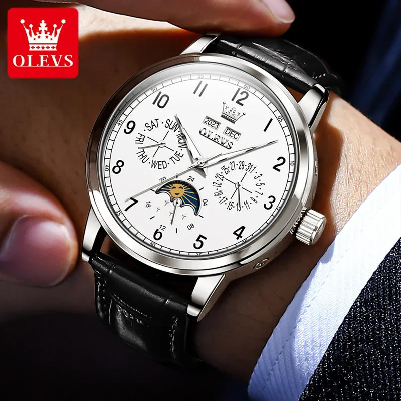 Olevs 6698 automatic watch luxury leather strap calendar waterproof luminous moon phase mechanical watch men