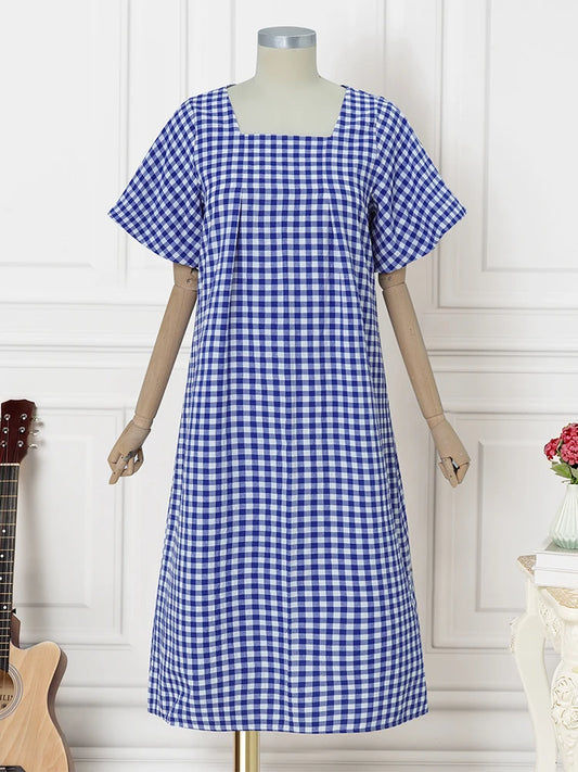 ZANZEA Women Bohemian Long Dress Summer Plaid Sundress 2025 Vintage Beach Party Dress Short Puff Sleeve Square Collar Midi Robe