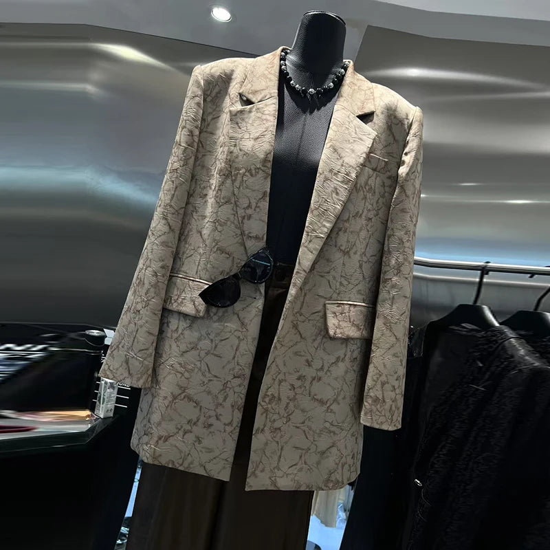 KBQ Temperament Hit Color Printing Blazer for Women Notched Collar Long Sleeve Spliced Pockets Chic Set Female Fahsion Style New