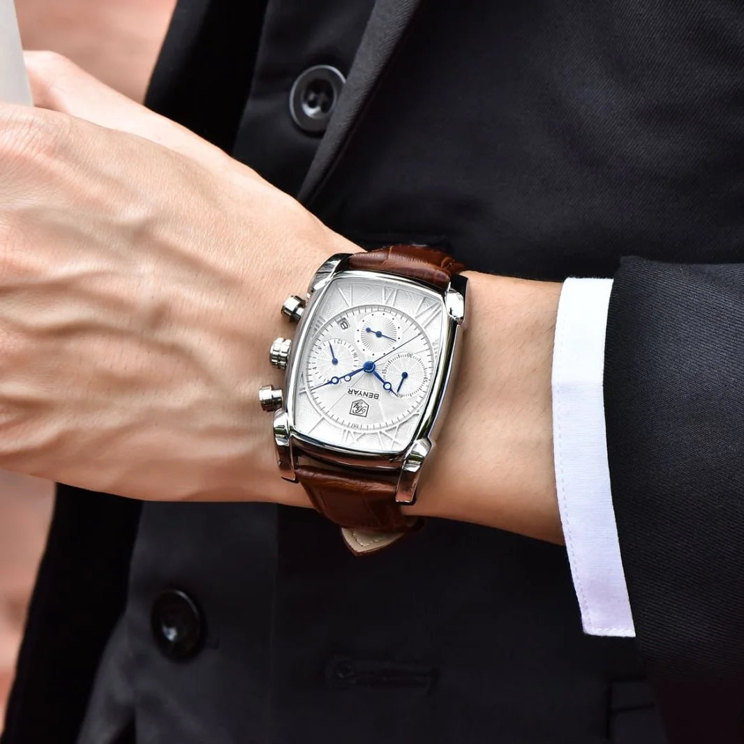 Relogio Masculino Mens Watches Top Luxury Brand BENYAR Chronograph Leather Quartz Watch Men Military Sport Rectangle Wristwatch
