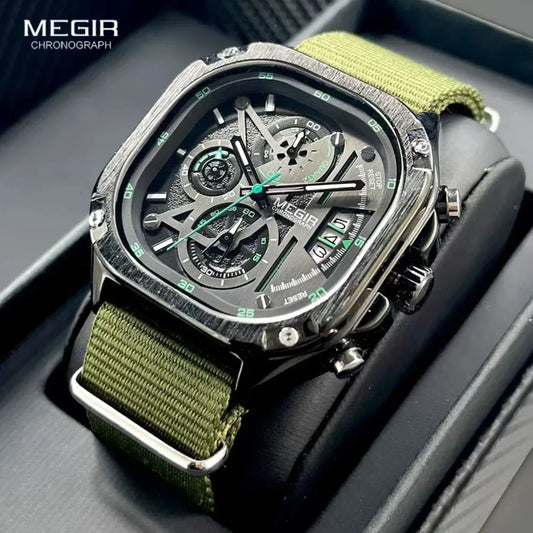 MEGIR Watches for Men Quartz Square Steel Band Butterfly Buckle Luminous Waterproof Multifunctional Mens Watch Reloj Hombre