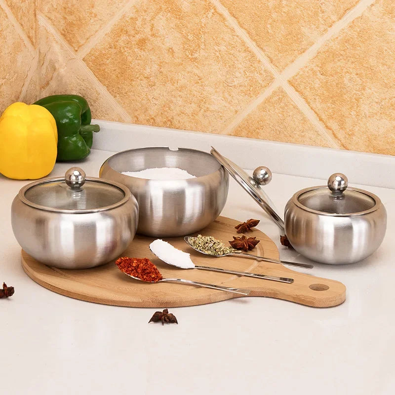 Stainless Steel Sugar Bowl with Clear Lid and Sugar Spoon for Home and Kitchen Drum Shape Spice Container Sugar Bowl Supplies